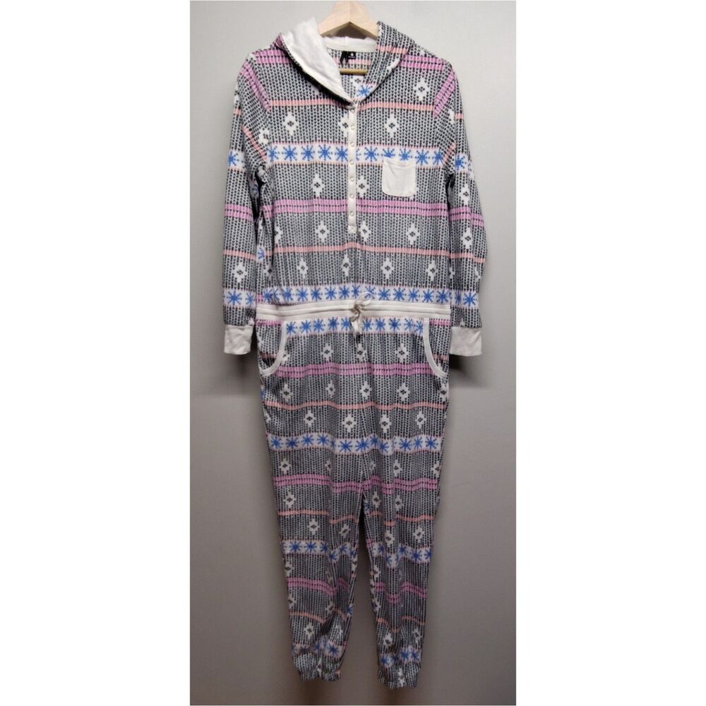 Kensie Pajama Jumpsuit Women Size L Cream Black Hooded Fleece Cozy Sleepwear